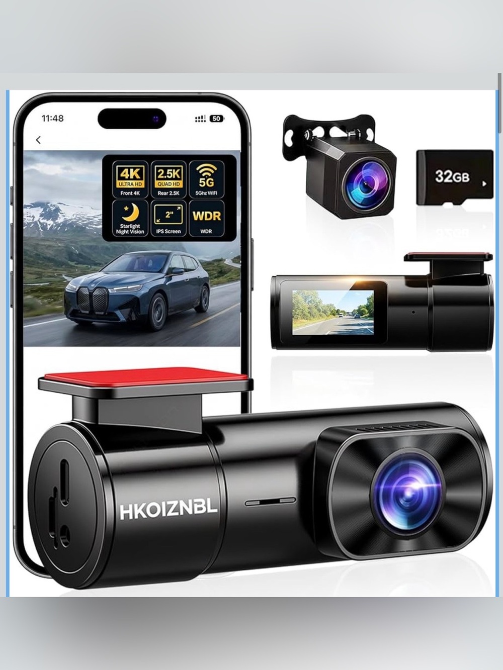 Black Dual Dash Cam with Rear Camera and 32GB